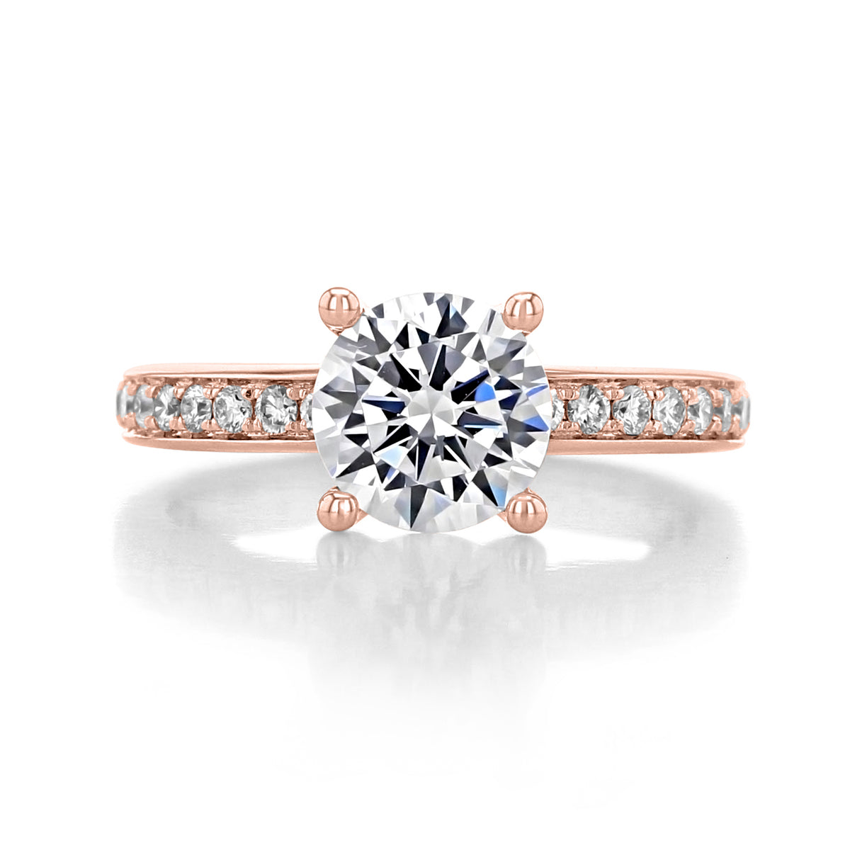 Megan | Pavé Set Engagement Ring by Gabriel & Co. featuring a 1.50ct round diamond solitaire on a rose gold band with pavé-set side stones.