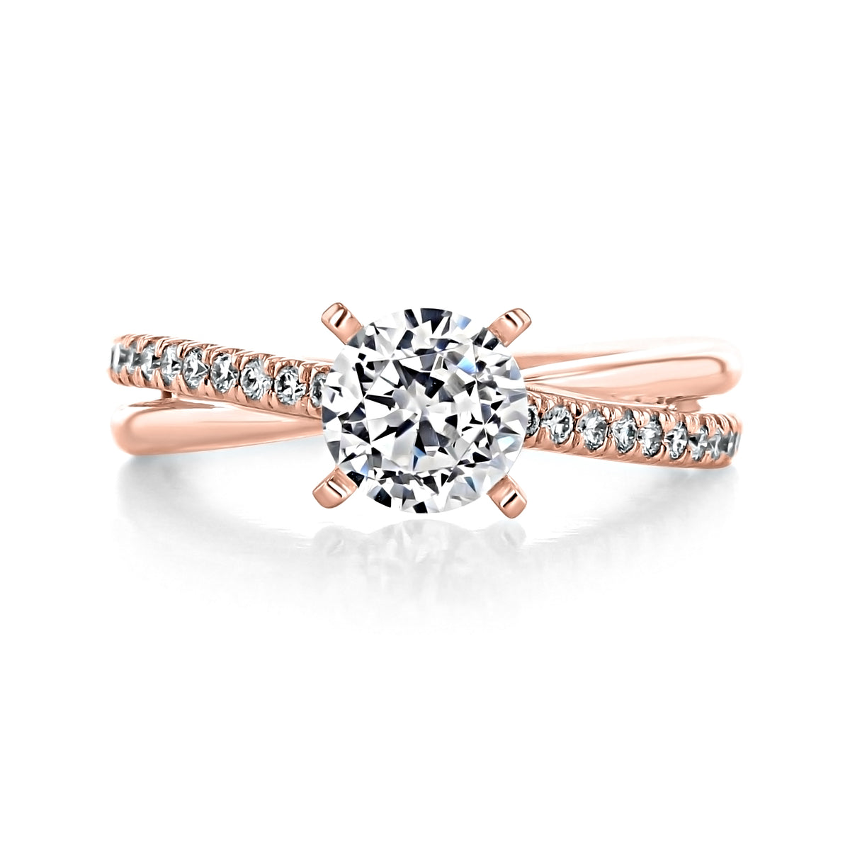Morgan | Micro-Prong Engagement Ring by Gabriel & Co. featuring a round-cut diamond and a rose gold crossover band with pavé-set diamonds.