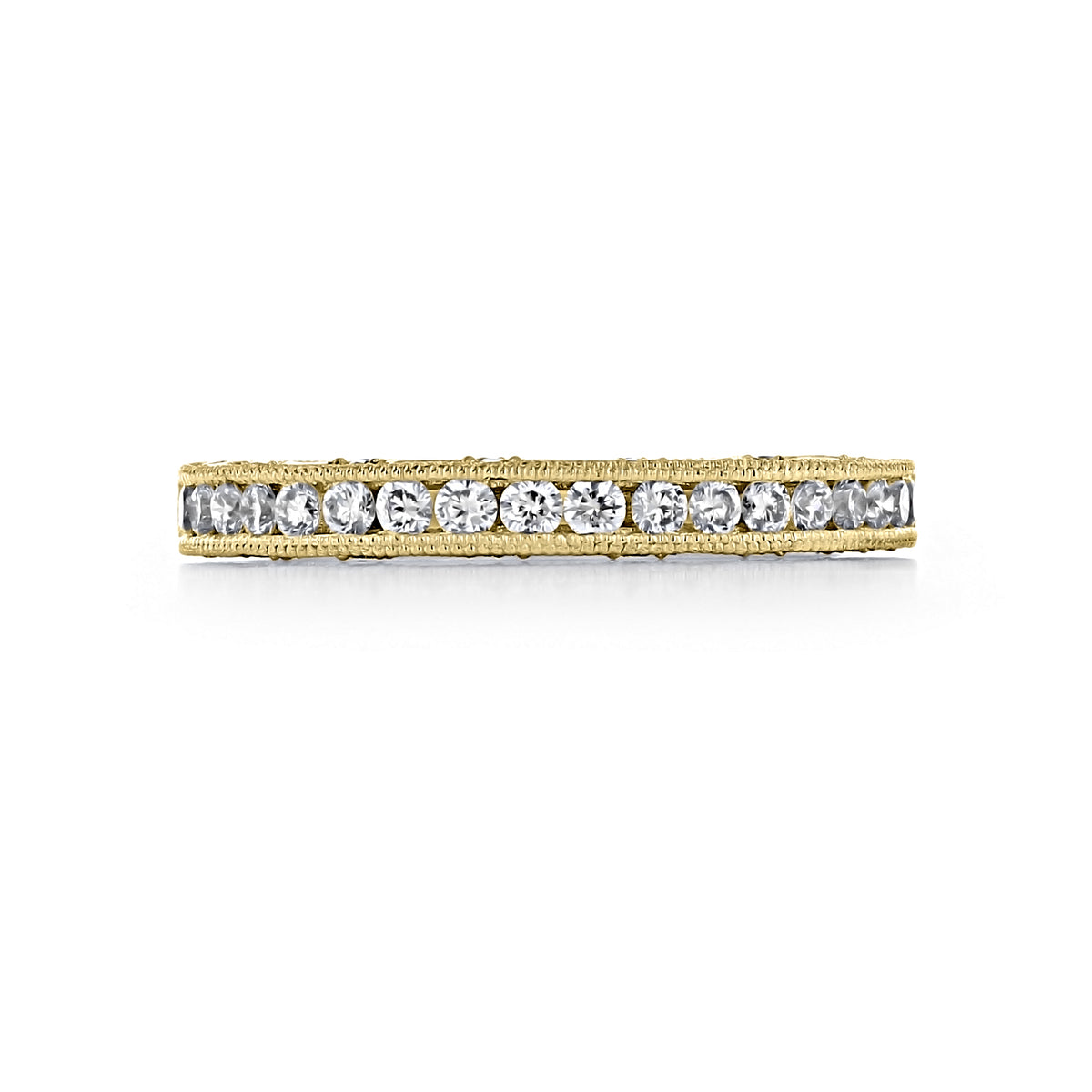 Yellow gold Reverse Crescent | Diamond Band - HT2510BY wedding band set with a row of round diamonds and detailed with millgrain edges.