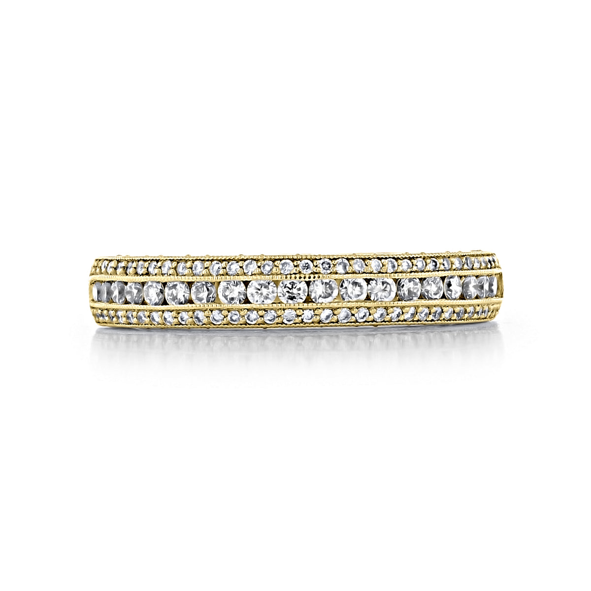 Tacori Classic Crescent Diamond Band HT2513RDB12XY, a yellow gold band featuring a central row of channel-set round diamonds bordered by two rows of pavé-set diamonds with milgrain edges.