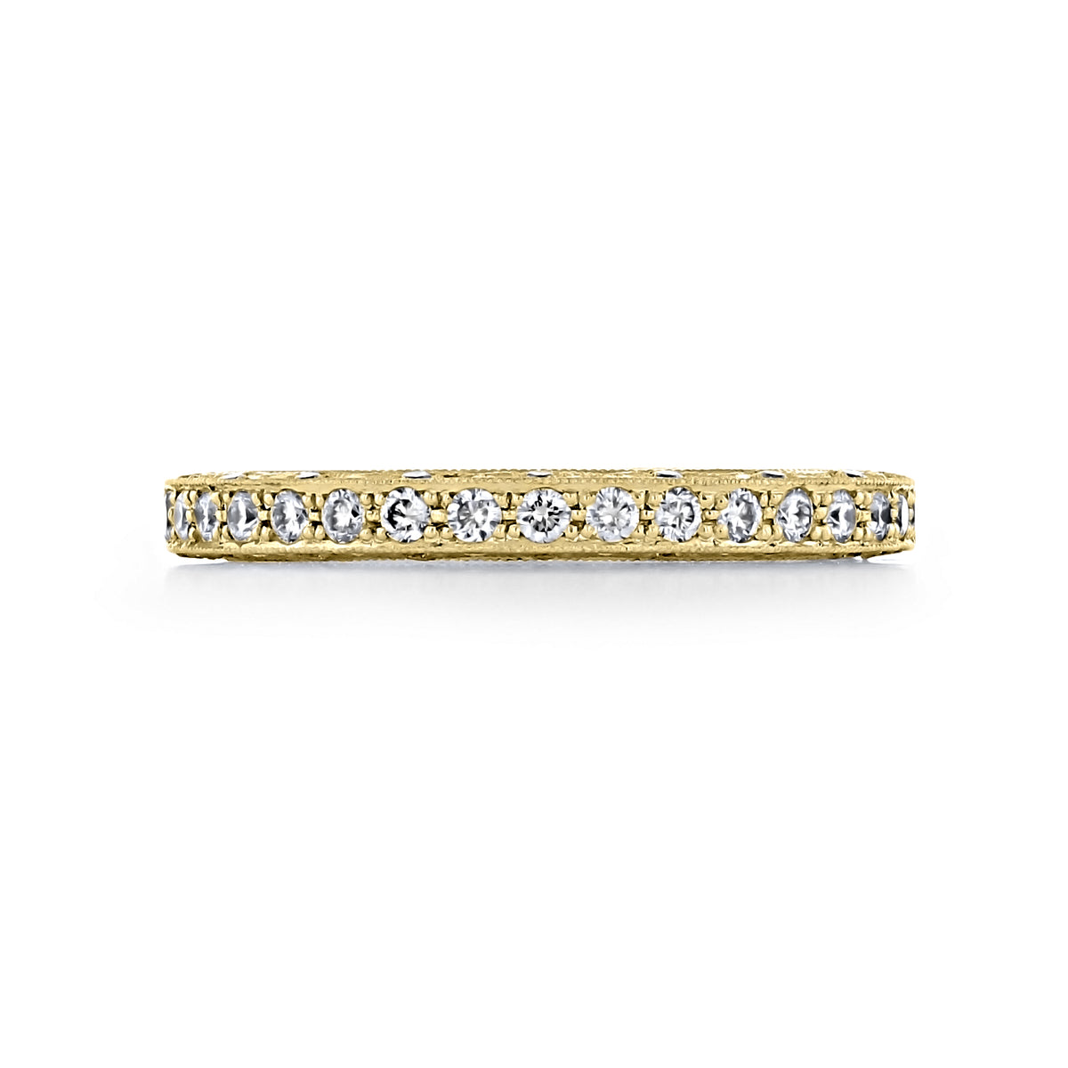 Blooming Beauties | Diamond Band - HT2516BY yellow gold eternity wedding band featuring a continuous row of round diamonds with milgrain detailing and a signature crescent design.