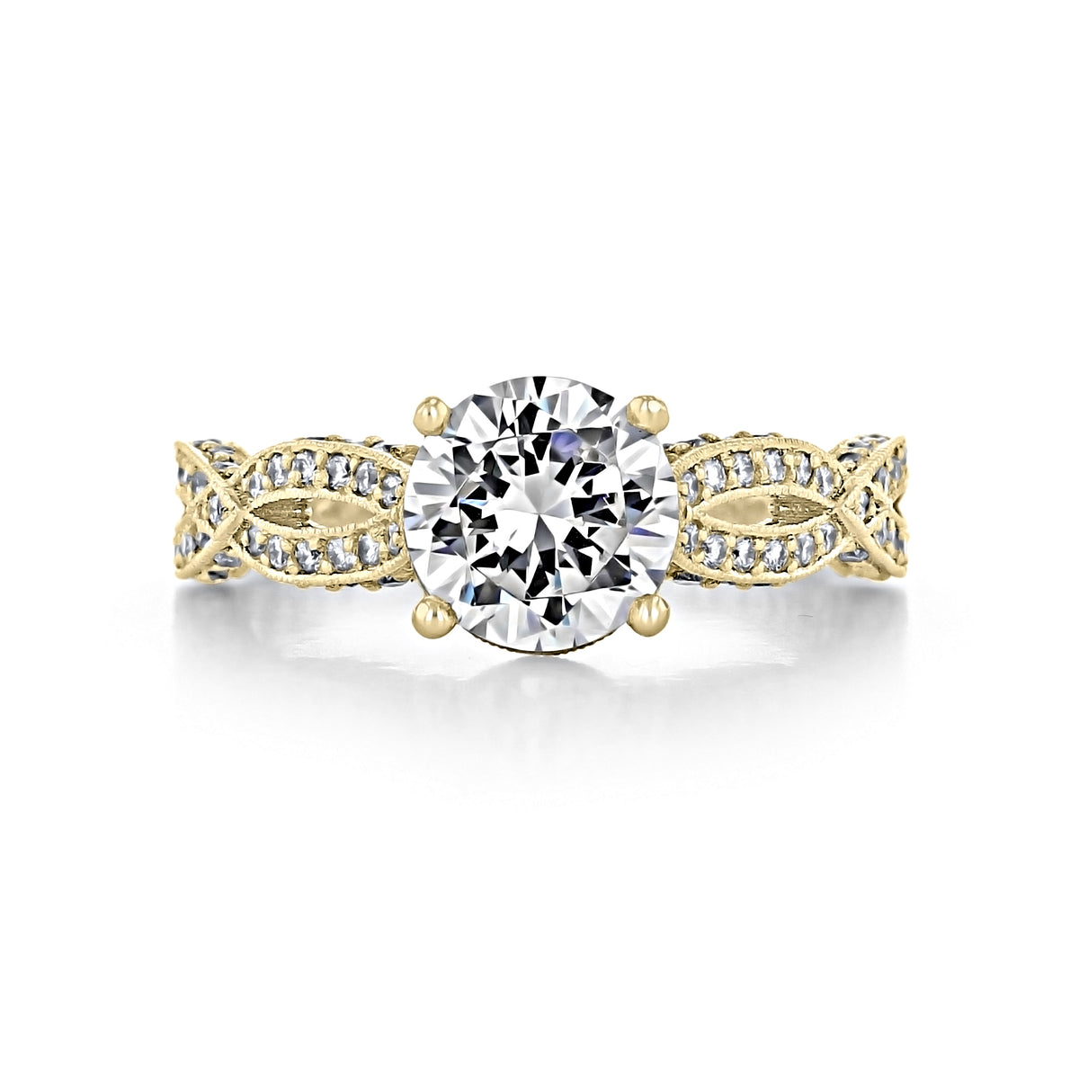 Tacori Ribbon | Round Solitaire Engagement Ring - HT2528RD75Y featuring a round-cut stone on a yellow gold, ribbon-inspired band accented with pavé-set diamonds.