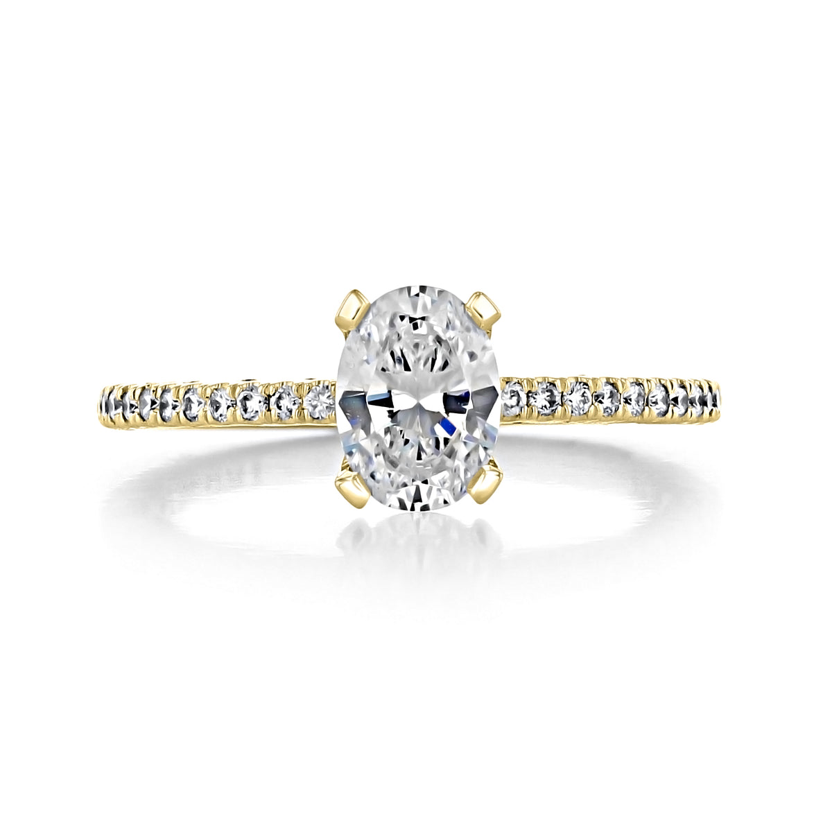 Petite Crescent | Oval Solitaire Engagement Ring - HT254515OVY featuring an oval-cut diamond solitaire on a French-cut pavé diamond band crafted in yellow gold.