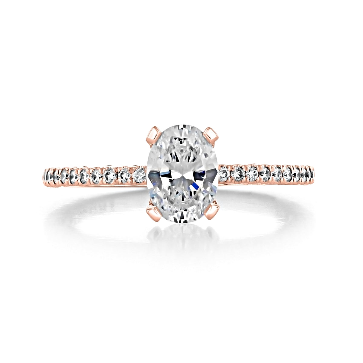 Rose gold Petite Crescent | Oval Solitaire Engagement Ring - HT254515OVPK featuring an oval-cut center diamond and a French-cut pavé diamond band.