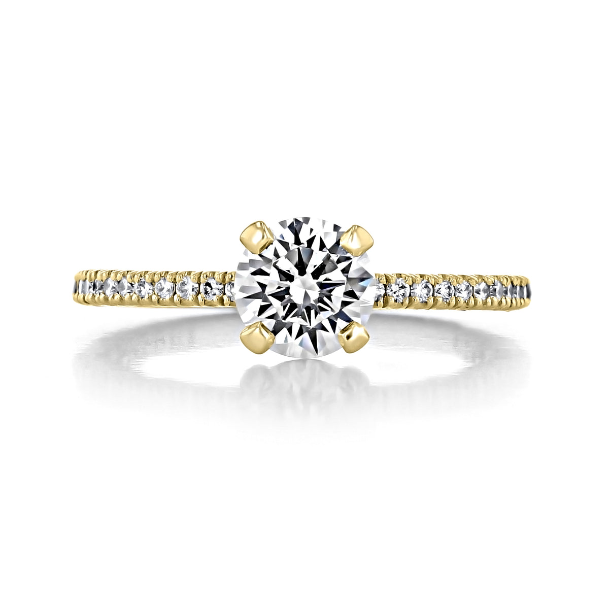 A yellow gold Petite Crescent | Round Solitaire Engagement Ring - HT254515RD65Y featuring a round-cut solitaire diamond set on a band paved with smaller diamonds and signature crescent details.