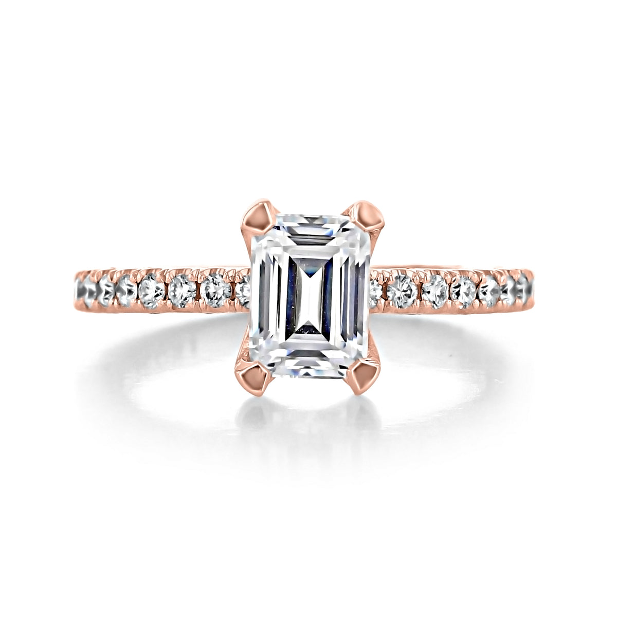 Tacori Petite Crescent | Emerald Solitaire Engagement Ring HT2545EC75X55PK featuring an emerald-cut diamond solitaire on a pavé band set in rose gold.