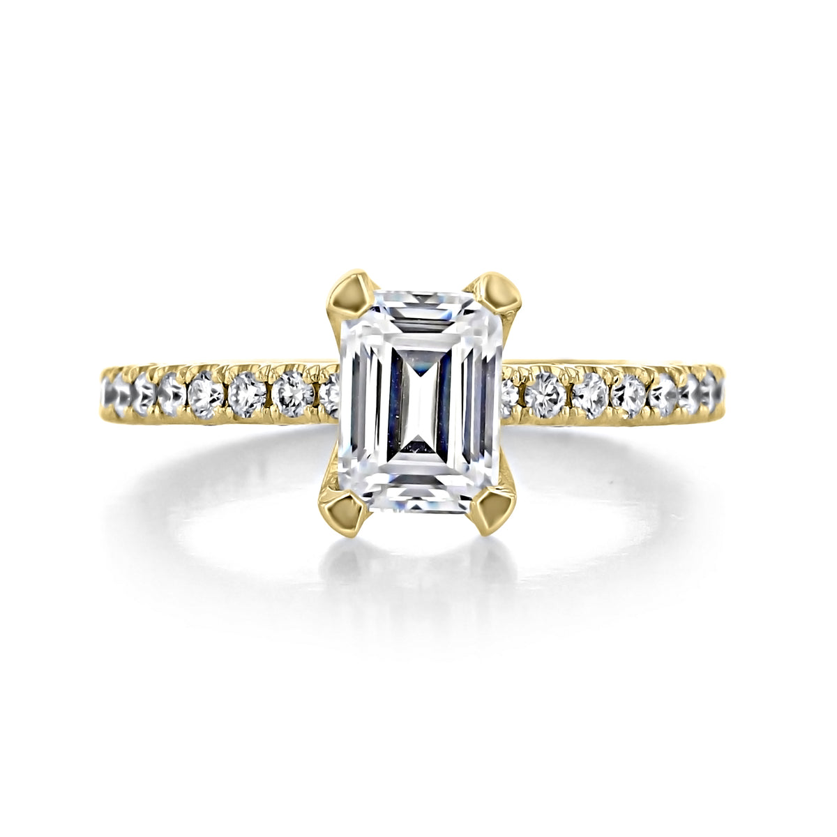 Yellow gold Petite Crescent | Emerald Solitaire Engagement Ring - HT2545EC75X55Y featuring an emerald-cut diamond center stone and a pavé diamond band.