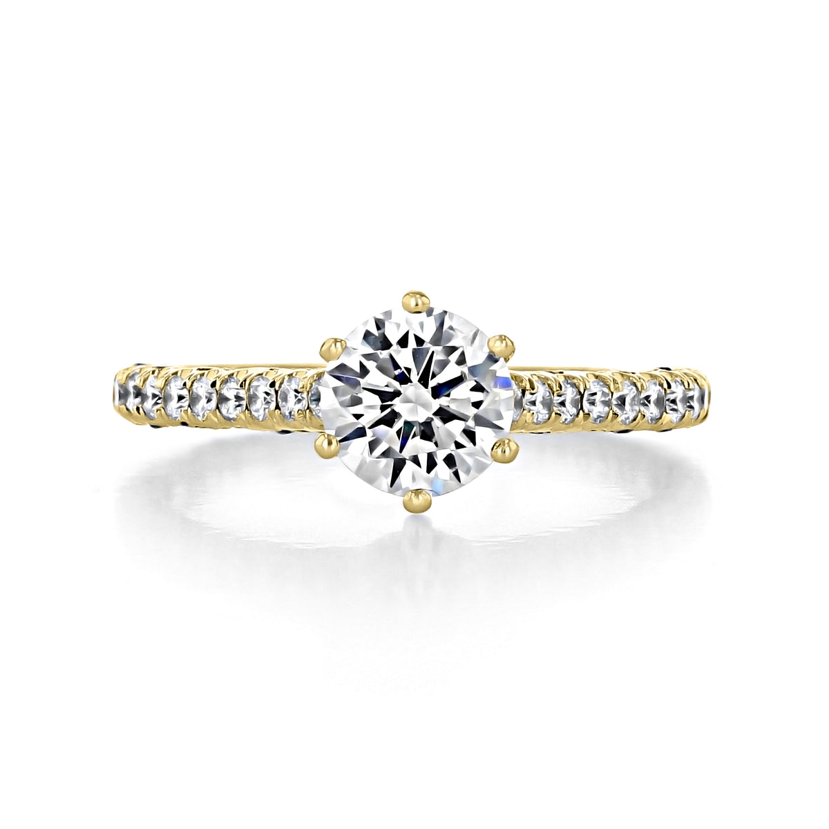 A round-cut center diamond solitaire engagement ring on a yellow gold Petite Crescent | Round Solitaire Engagement Ring - HT2546RD65Y band accented with micro pavé diamonds.