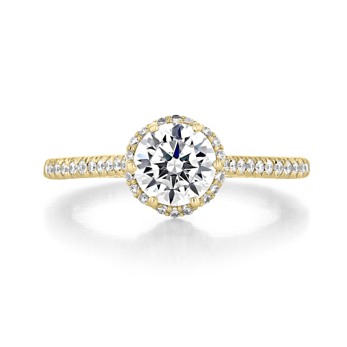 Yellow gold Petite Crescent | Round Solitaire Engagement Ring - HT254715RD65Y featuring a round center diamond surrounded by a halo, with a band set with small diamonds.