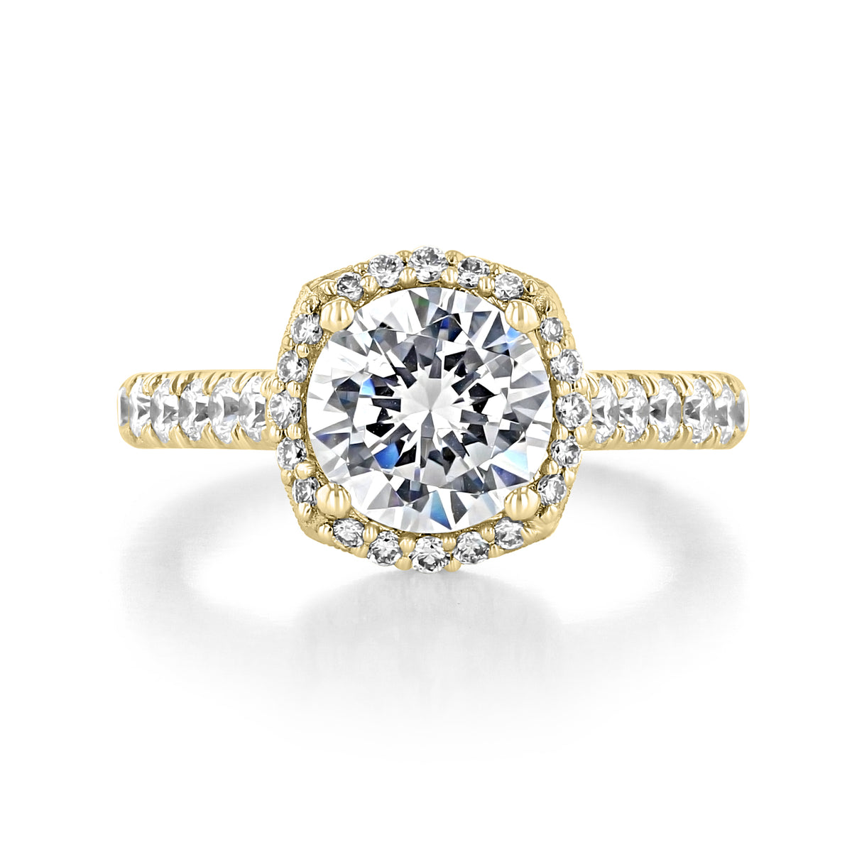 Petite Crescent | Cushion Solitaire Engagement Ring - HT254725CU8Y in yellow gold with a cushion-cut diamond, a diamond halo, and a pavé-set band.