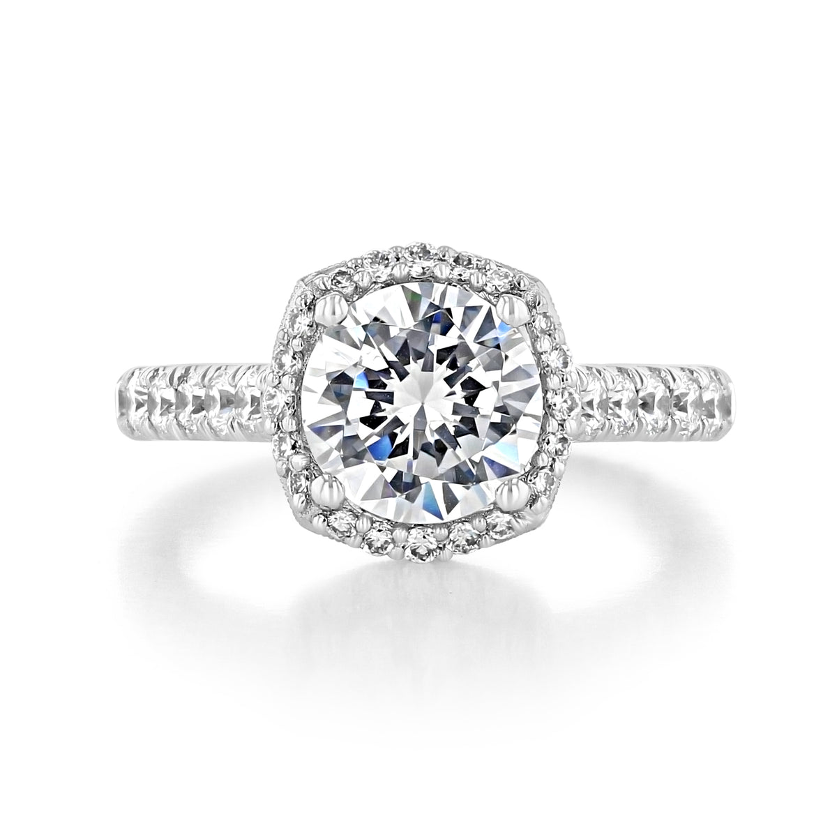 Tacori Petite Crescent | Cushion Solitaire Engagement Ring - HT254725CU8 featuring a cushion-shaped halo, a round diamond, and pavé-set diamonds along the platinum band.