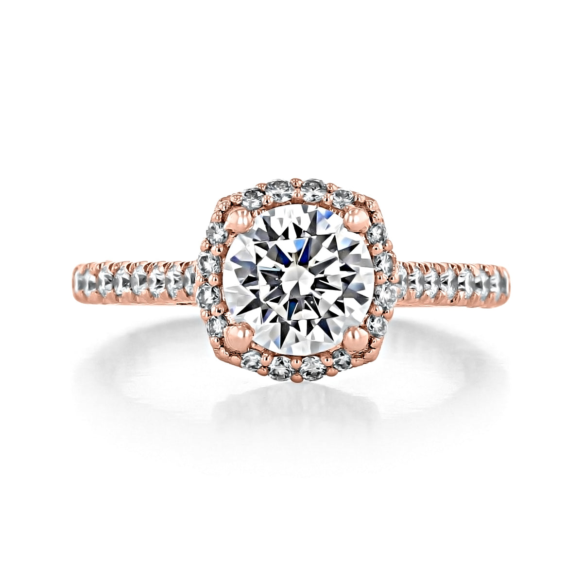 Tacori Petite Crescent | Cushion Solitaire Engagement Ring - HT2547CU7PK in rose gold with a diamond-encrusted halo and band.