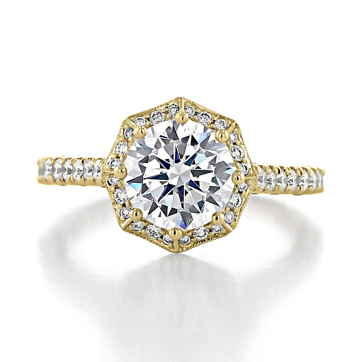 Yellow gold Tacori Petite Crescent | Round Bloom Engagement Ring - HT2555RD8Y featuring a round center diamond in a hexagon-shaped halo setting with diamonds along the band.