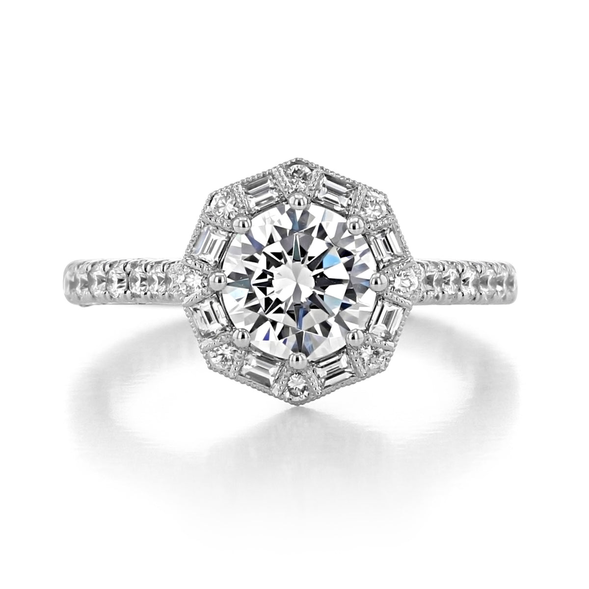 A Petite Crescent | Round Bloom Engagement Ring - HT2556RD7 featuring a round center diamond set within a hexagonal halo of baguette and round stones.