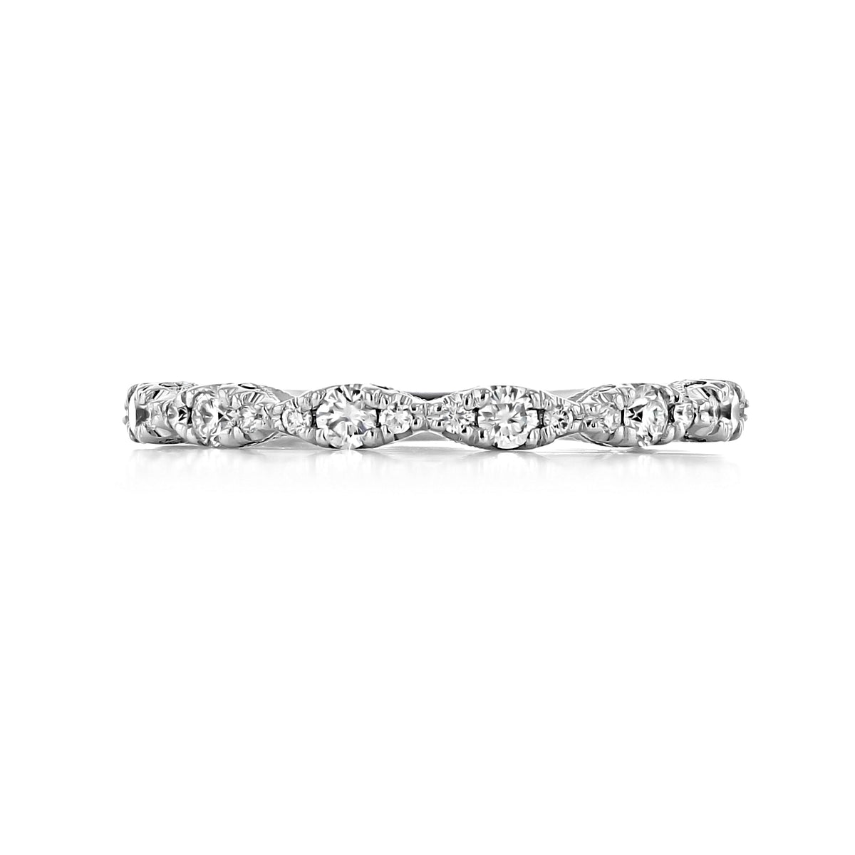 Petite Crescent | Wedding Band - HT2558B12W in silver, featuring a repeating pattern of round diamonds in marquise-shaped settings.