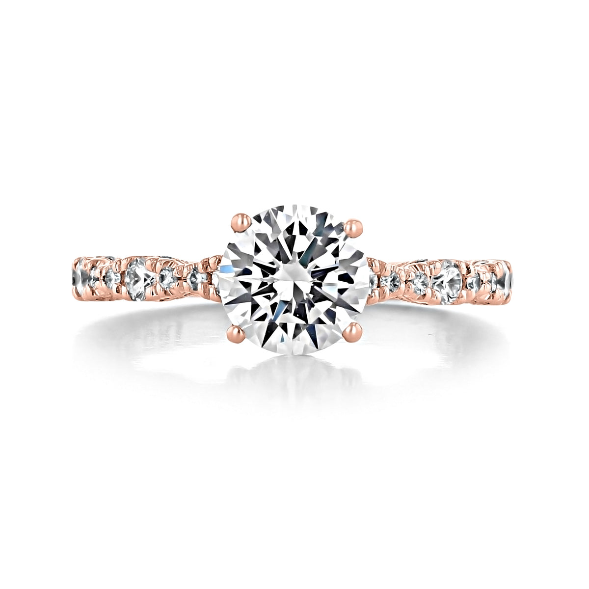 Petite Crescent | Round Solitaire Engagement Ring - HT2559RD7PK in rose gold featuring a round solitaire diamond and smaller diamonds set along the band.