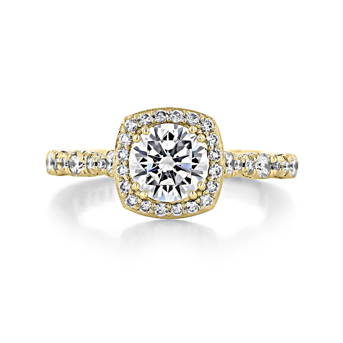 Tacori Petite Crescent | Cushion Solitaire Engagement Ring - HT2560CU65Y, a gold engagement ring featuring a round center stone within a cushion-shaped halo of small diamonds and a pavé band.