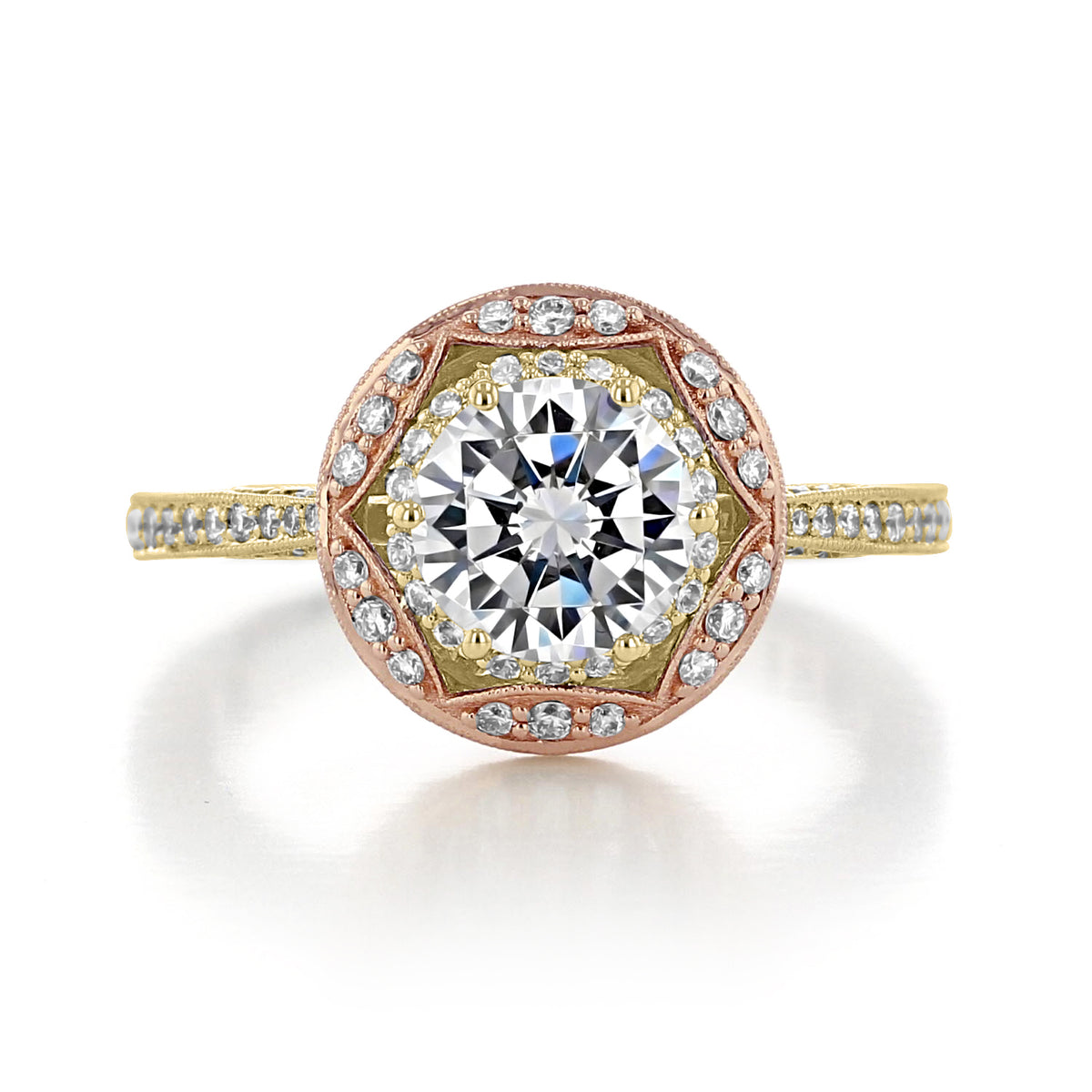 Crescent Chandelier | Round Pavé Engagement Ring - HT2570RD7Y featuring a round-cut diamond, halo setting, and an 18k yellow gold band with pavé-set diamonds.