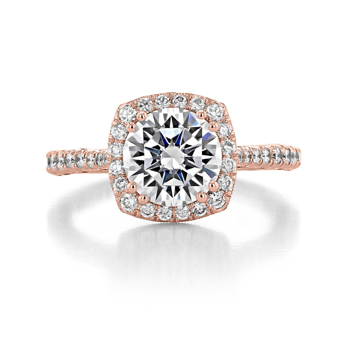 Rose gold Petite Crescent | Cushion Bloom Engagement Ring - HT2571CU75PK featuring a round center stone in a cushion-shaped bloom halo with pavé-set diamonds along the band.