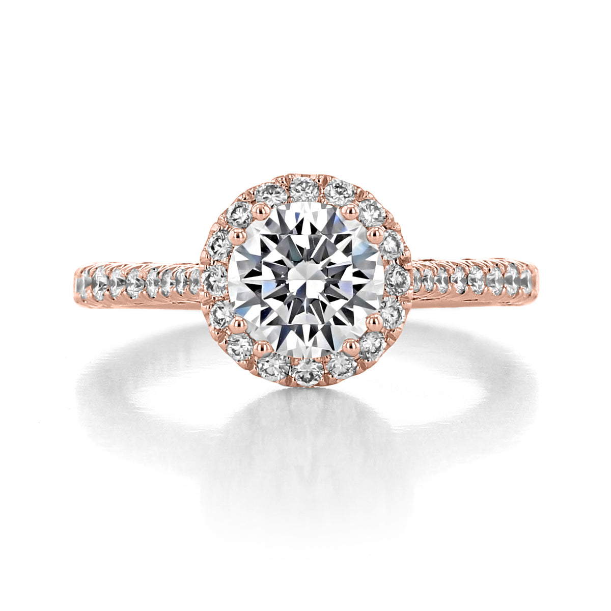 A Petite Crescent | Cushion Bloom Engagement Ring - HT2571CU8PK in rose gold featuring a cushion-cut diamond, halo, pavé-set band, and a signature Dantela lace basket.
