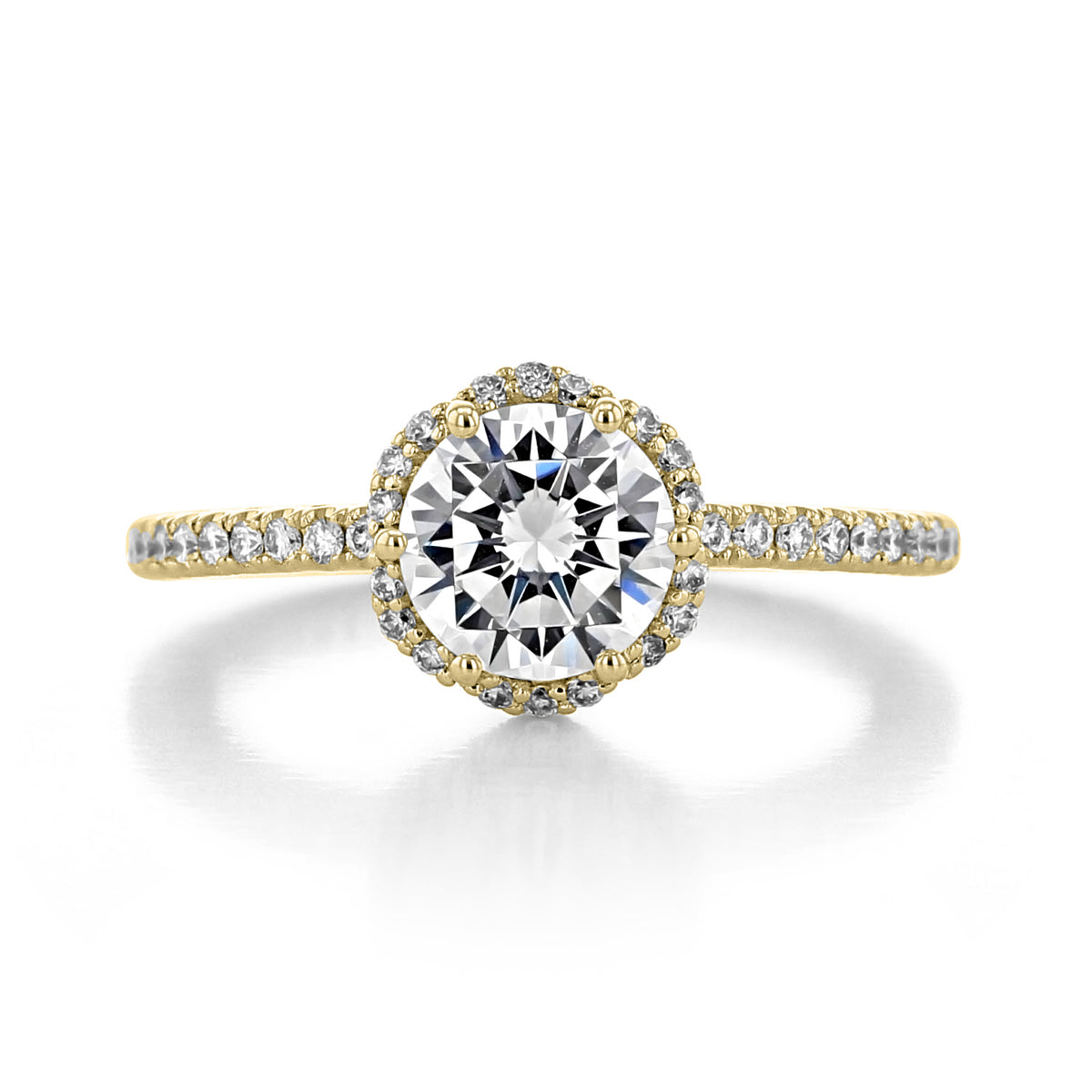 Petite Crescent | Round Pavé Engagement Ring - HT257215RD7Y featuring a gold round-cut stone, a pavé diamond halo, and a pavé-set diamond band.