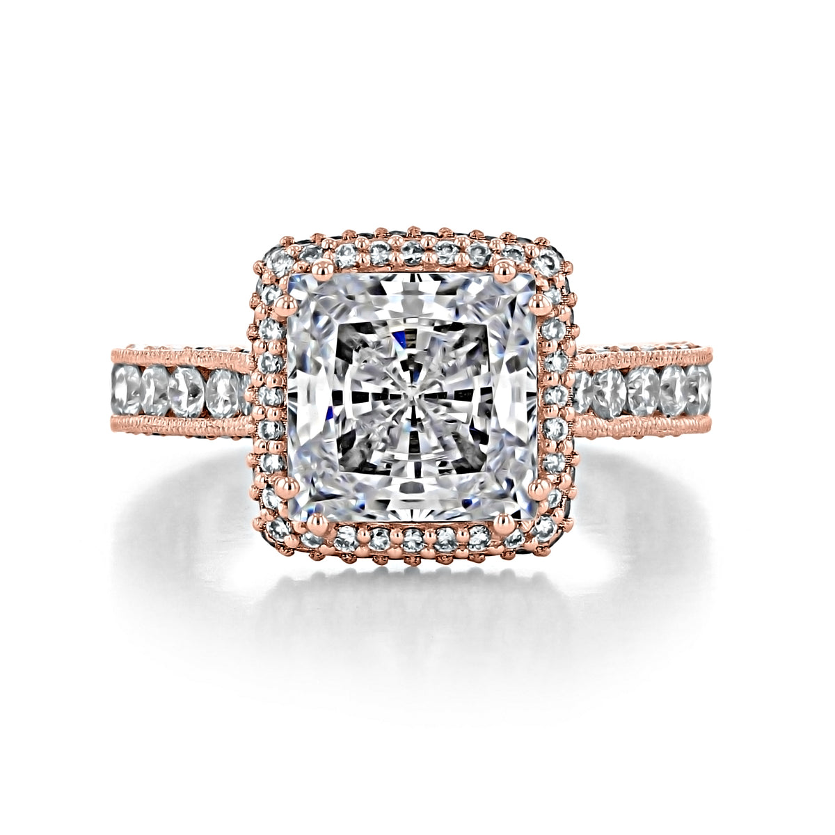 Tacori RoyalT | Princess Pavé Engagement Ring - HT2607PR85PK featuring a princess-cut diamond with a halo of small diamonds and pavé-set diamonds along the rose gold band.