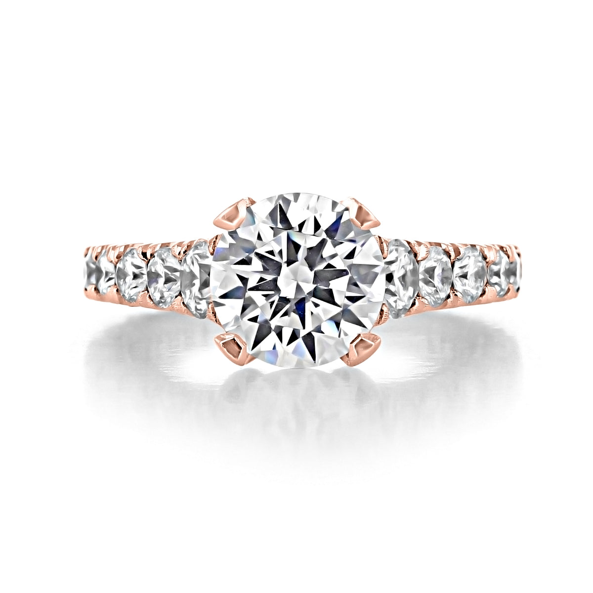 Tacori RoyalT HT2623RD85PK round-cut solitaire engagement ring with a pavé-set band in rose gold.