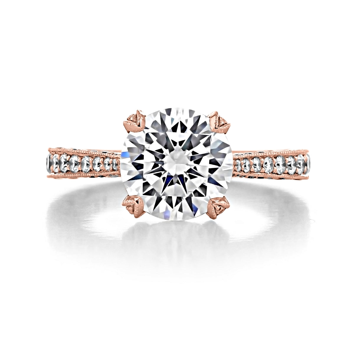 Tacori RoyalT | Round Pavé Engagement Ring - HT2626RD9PK featuring a round solitaire diamond set on an 18k rose gold band with pavé-set diamonds along the shank.