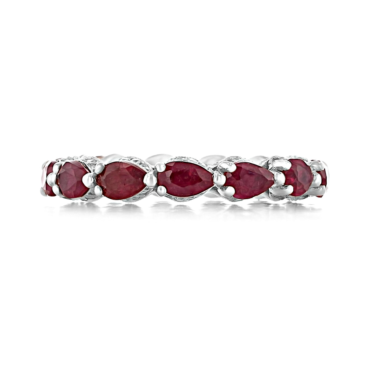 RoyalT | Ruby Eternity Band - HT264265RB featuring a row of pear-shaped rubies set in metal prongs, perfect as a stackable anniversary band.