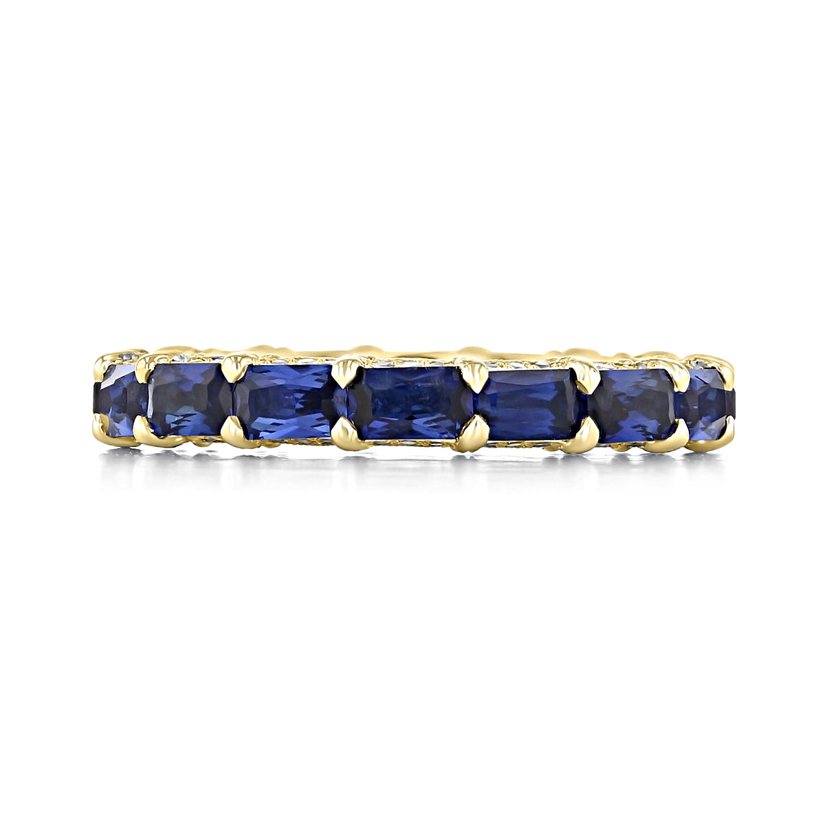 RoyalT | Sapphire Eternity Band - HT264865BSY featuring a continuous row of emerald-cut blue sapphires held in gold prong settings.