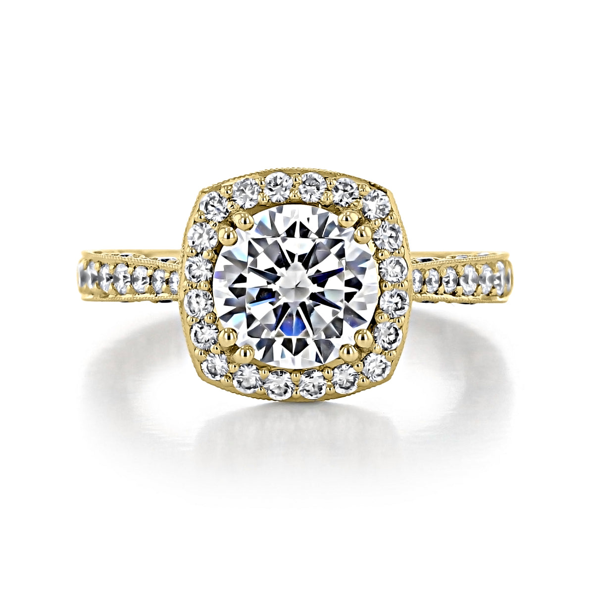Tacori RoyalT | Cushion Pavé Engagement Ring - HT2650CU8Y in 18k yellow gold with a round center stone set in a cushion-shaped halo of pavé-set diamonds and a diamond-encrusted band.