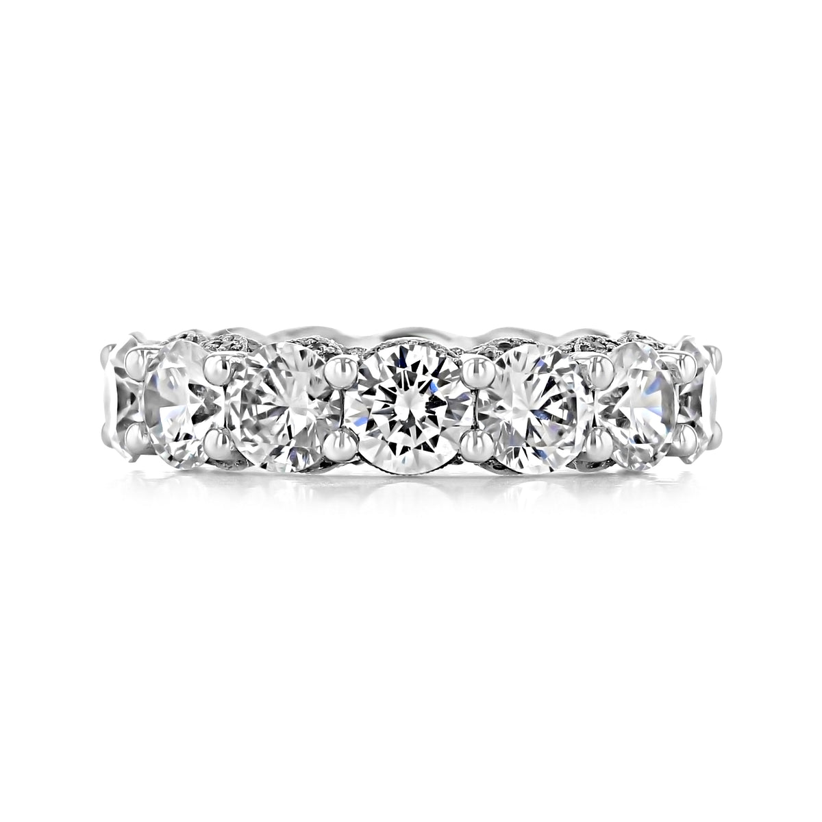 A platinum Tacori RoyalT | Eternity Band - HT265965 featuring a continuous row of 7.35 cts of round brilliant-cut diamonds in a shared-prong setting.