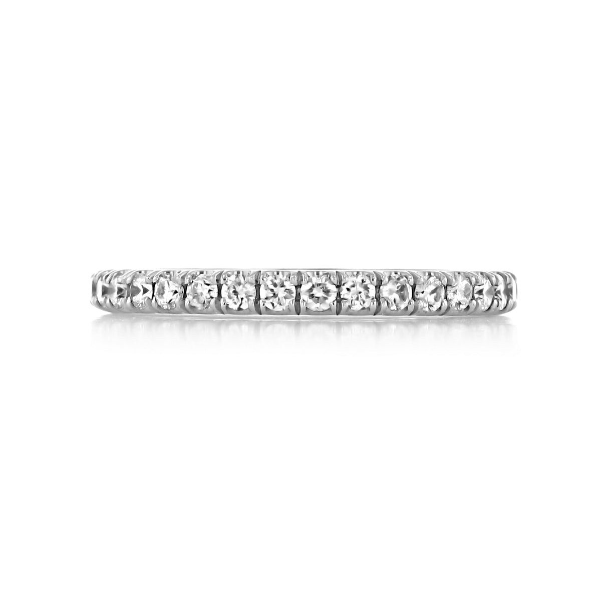 A Solina 2.25mm Diamond Eternity Band, featuring a thin platinum eternity band with a continuous row of round diamonds set in metal.