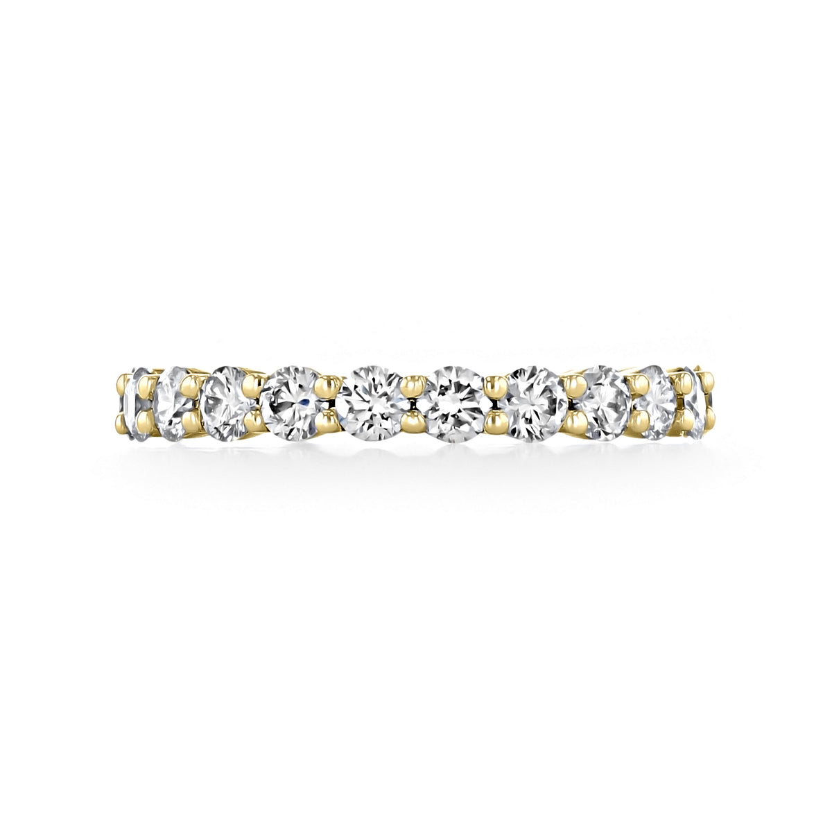 Lucerra | Shared Prong Diamond Eternity Band featuring a continuous row of round diamonds set in 14k yellow gold shared prongs.