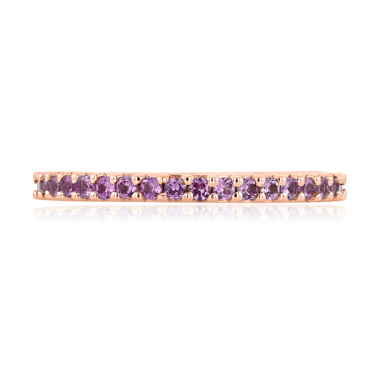 Pink Cubic Zirconia Stackable Band | LB152 featuring a row of round, pink cubic zirconia in a 14k rose gold setting.
