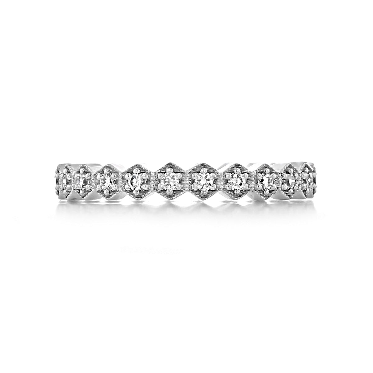 Corina | Hexagonal Pavé-Set Diamond Wedding Band in platinum, featuring a row of hexagonal settings, each containing a small round diamond.