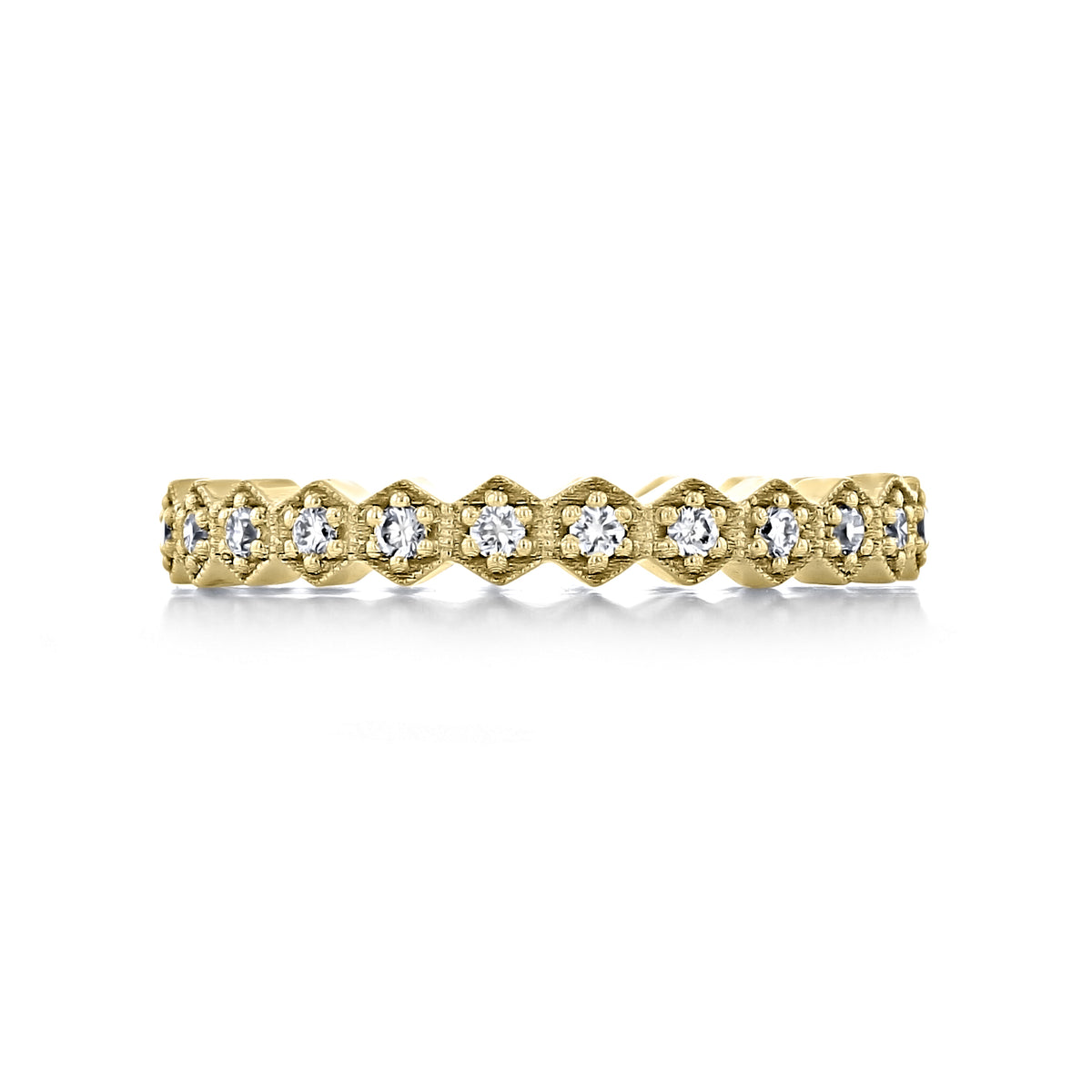 Corina | Hexagonal Pavé-Set Diamond Wedding Band in 18k yellow gold featuring a row of pavé-set diamonds within repeating hexagonal settings.