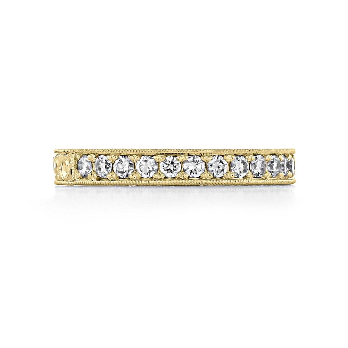 Sabina 3mm Engraved Pavé-Set Diamond Wedding Band in gold, featuring a row of pavé-set diamonds with engraved millgrain edges.