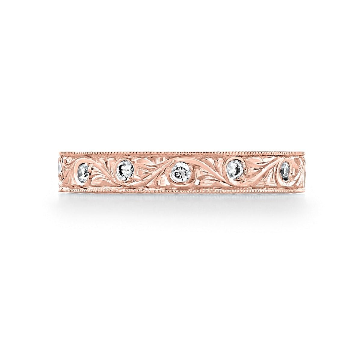 Florencia 3.2mm Engraved Pavé-Set Diamond Wedding Band in 18k rose gold featuring an engraved floral pattern, intricate scroll engravings, and pavé-set round diamonds.