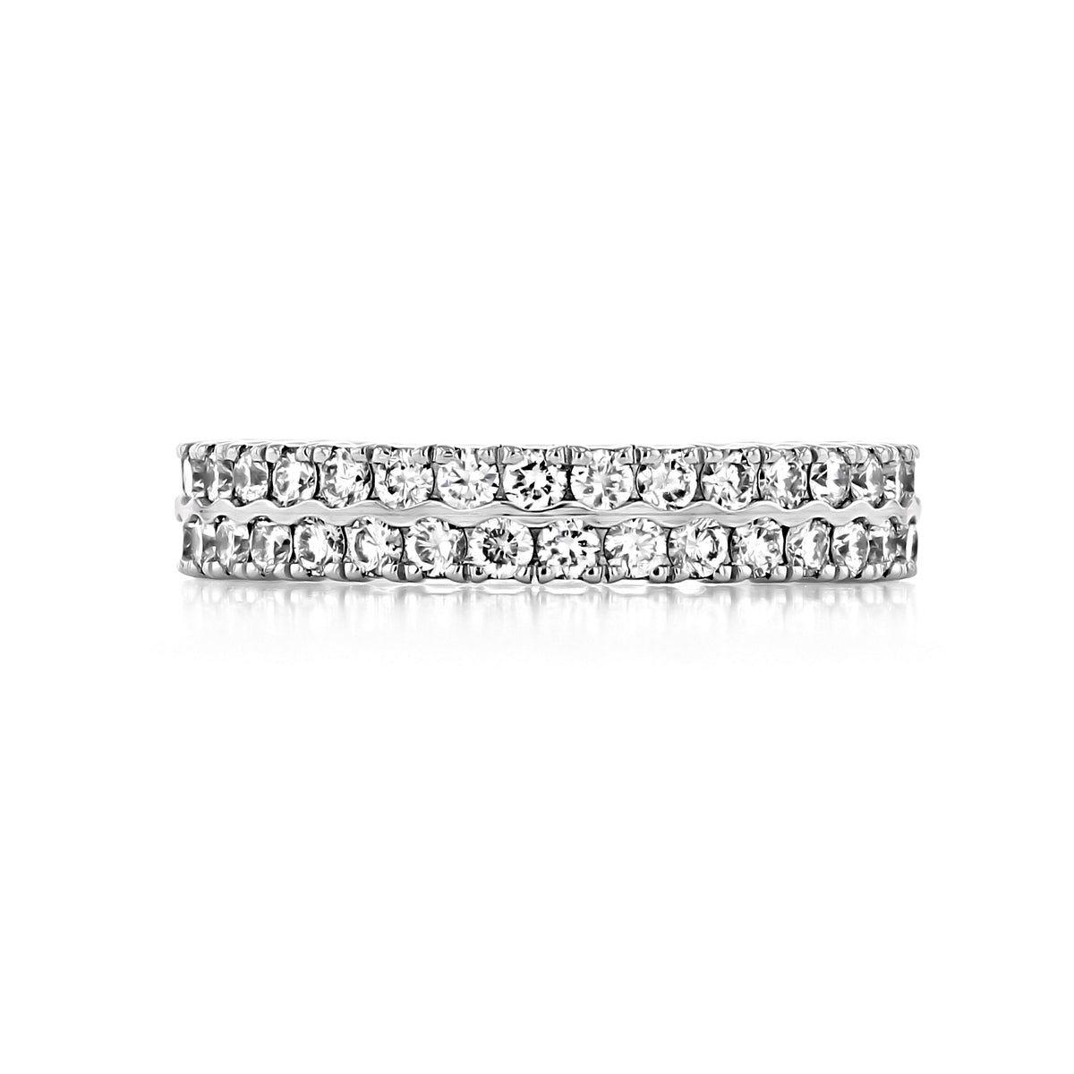 Nadia | 3.8mm Double Row Diamond Wedding Band featuring pavé-set diamonds in a silver-toned metal setting.