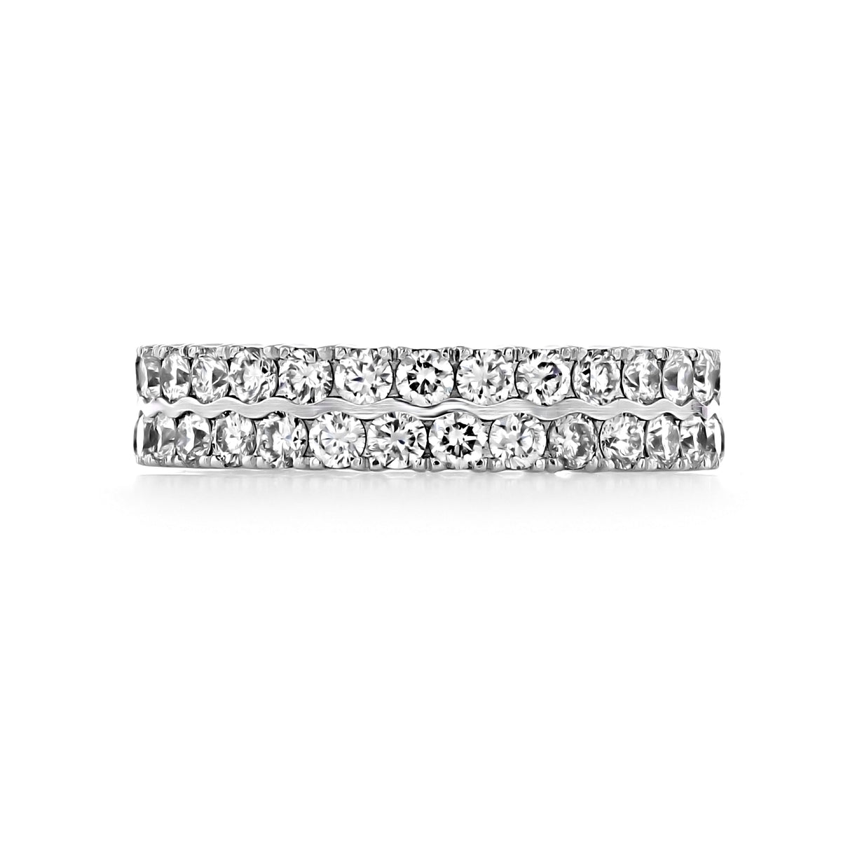 The Nadia | Double Pavé-Set Diamond Wedding Band features two rows of dazzling, pavé-set diamonds in a luxurious silver-toned band.