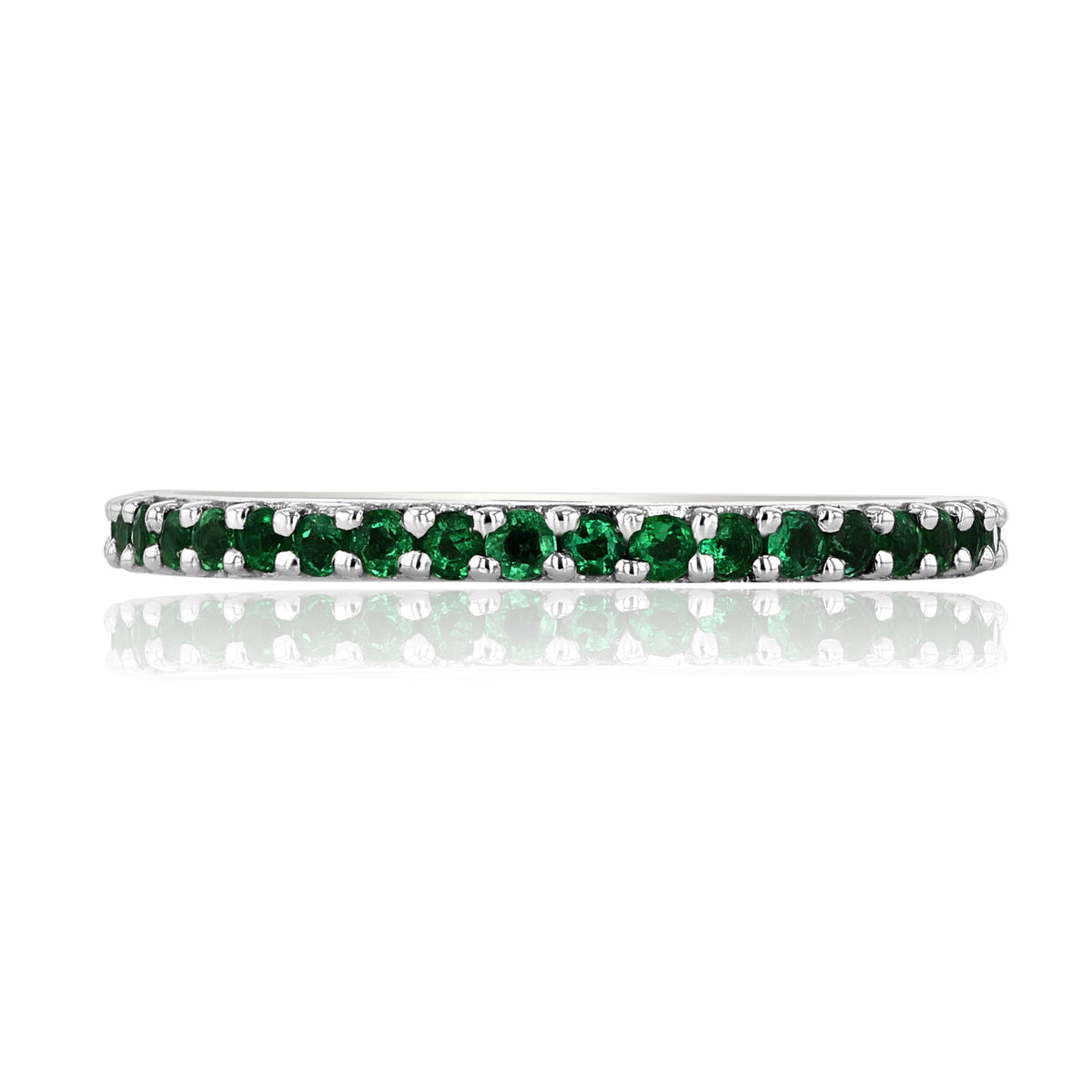 Emerald Stackable Band | LB250 featuring a row of round-cut green emeralds set in a white gold-colored metal band.