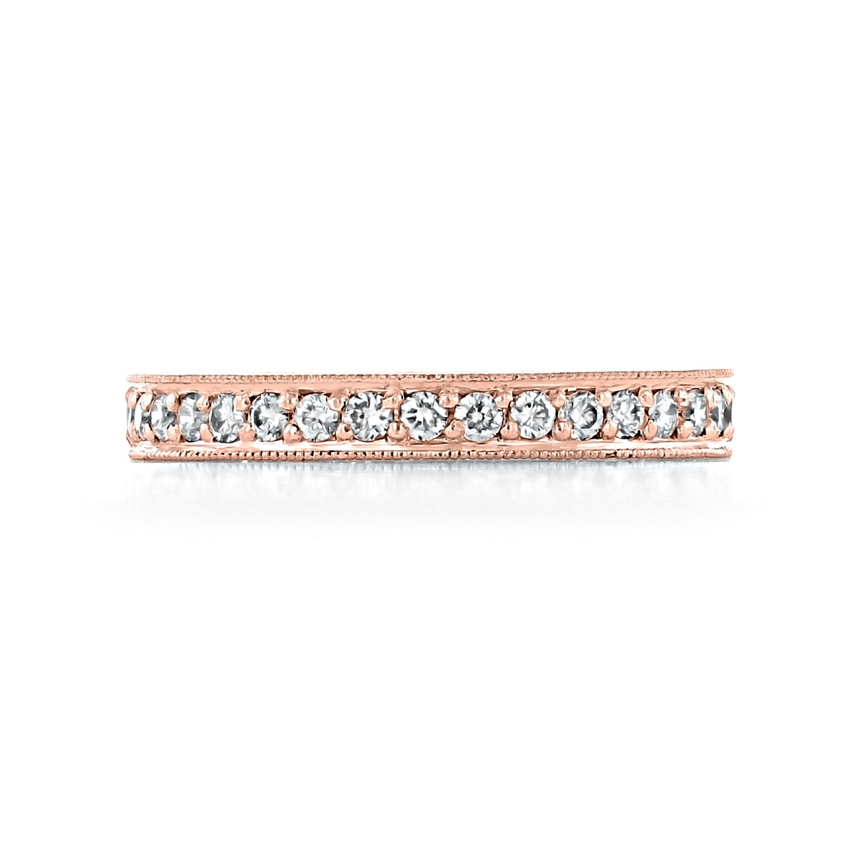 Sabina 2.70mm Engraved Pavé-Set Diamond Wedding Band in 18k rose gold, featuring a row of pavé-set round diamonds framed by milgrain edges.