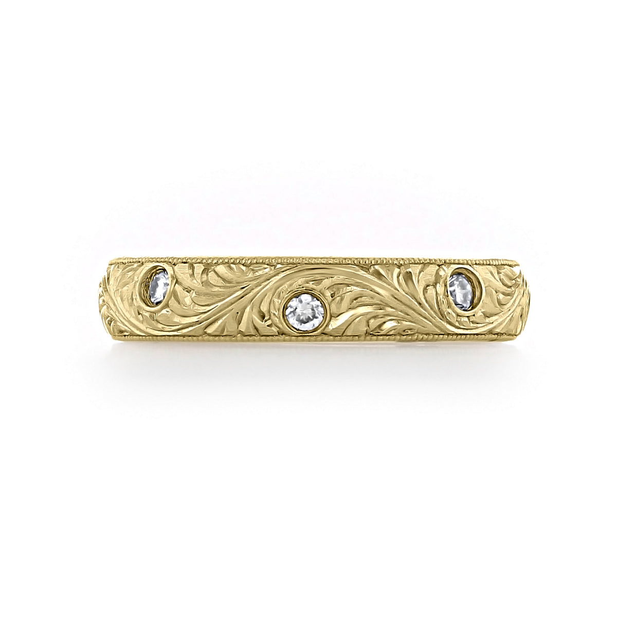Engraved Diamond Band | LB39 14k yellow gold wedding band featuring an engraved floral pattern and three bezel-set diamonds in a vintage-inspired design.