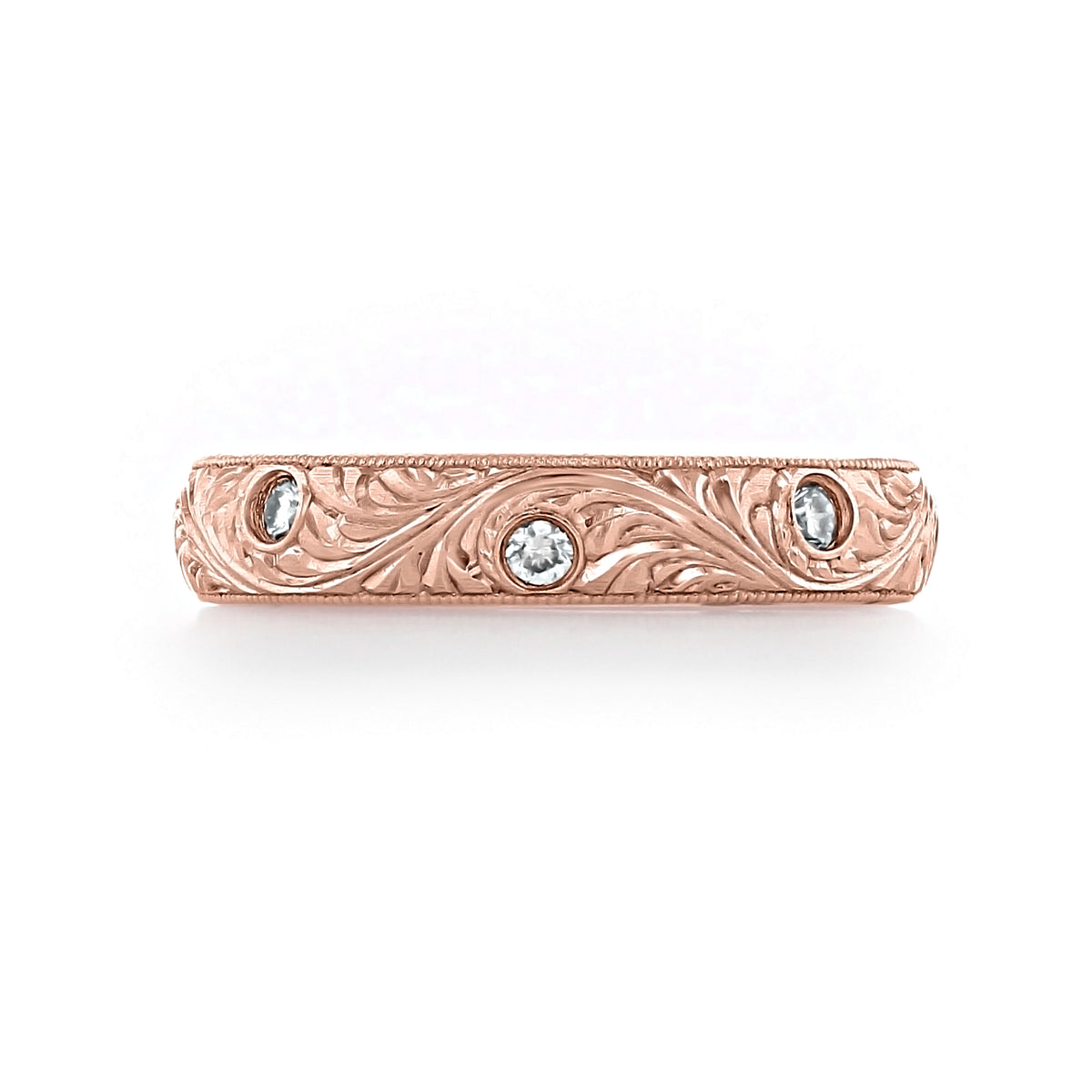 Engraved Diamond Band | LB39 14k rose gold wedding band featuring ornate floral engravings and three flush-set round diamonds in a vintage-inspired design.
