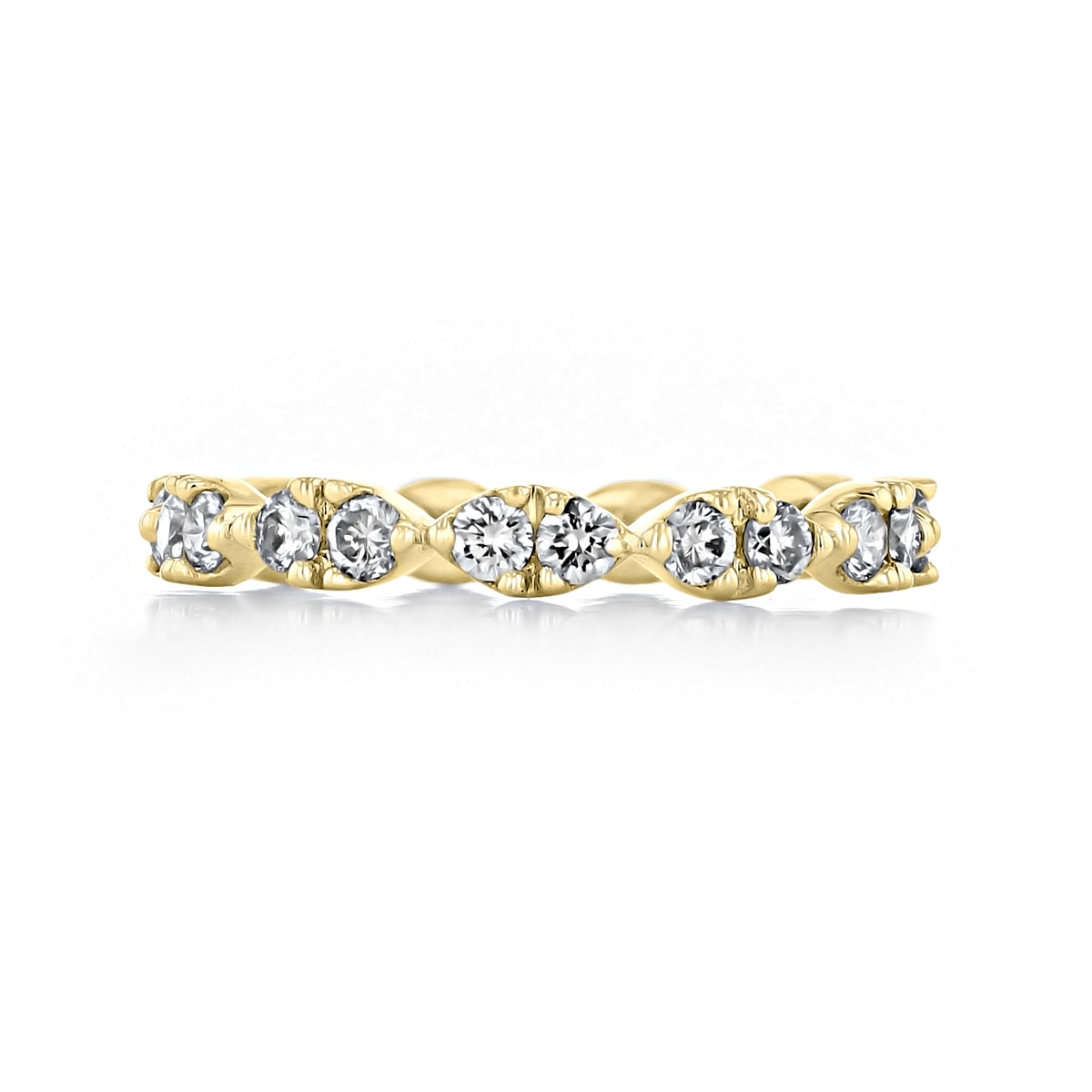 Crescent | Prong-Set Diamond Wedding Band featuring a gold band with a series of shared-prong round diamonds set within marquise shapes.