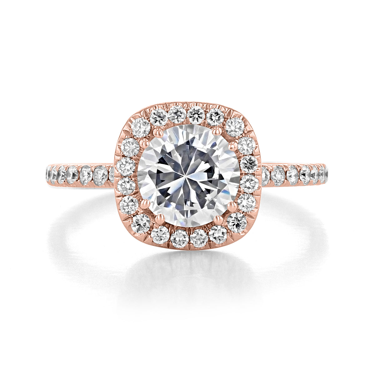 Danhov Per Lei | Halo Engagement Ring - LE102-CU rose gold cushion halo engagement ring featuring a round center stone and a diamond-encrusted band with micro-prong set diamonds.