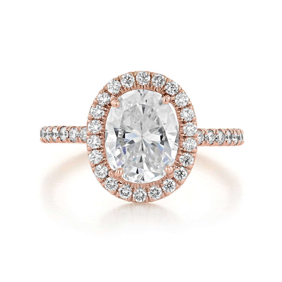 Danhov Per Lei LE102-OV rose gold oval diamond engagement ring with a halo and a diamond-accented band.