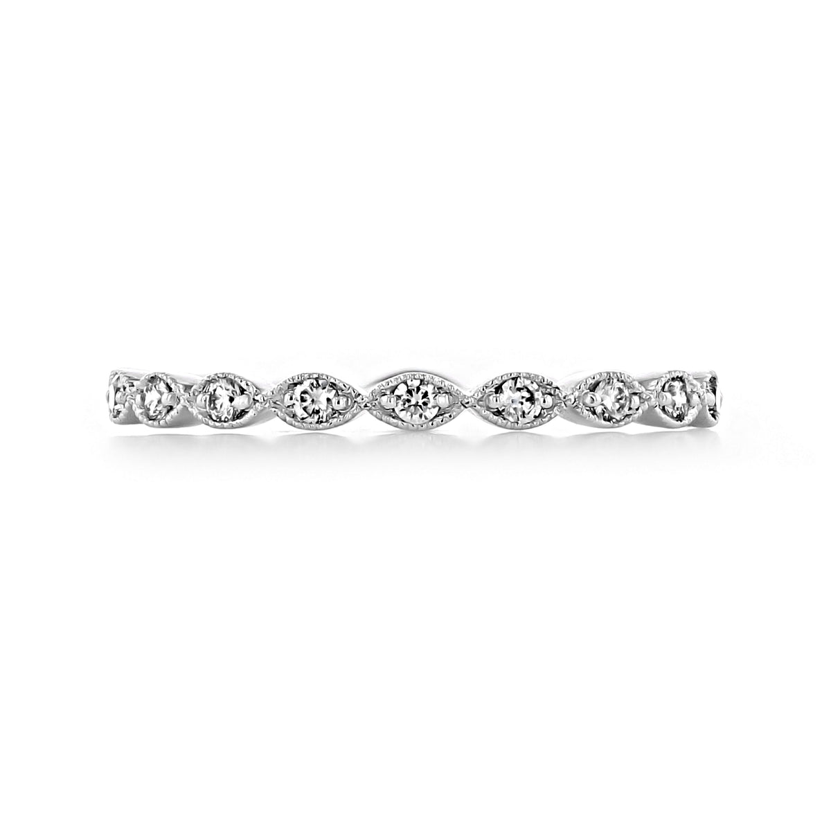 The Orla 2.5mm Marquise Pavé-Set Diamond Wedding Band is a thin metal ring featuring a row of marquise-shaped settings each containing a round diamond.