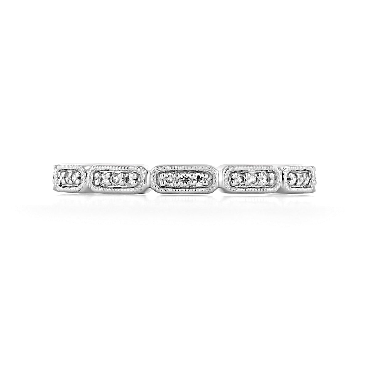 Coretta Pavé-Set Diamond Wedding Band in silver, featuring a series of rectangular settings with small diamonds and milgrain accents along the beaded metal edges.